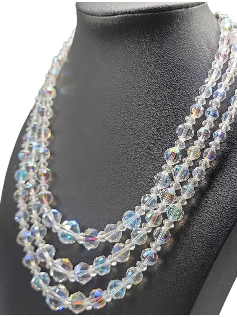 Multistrand Aurora Borealis Choker Necklace Glass Graduated 16" Beaded Chain - Picture 4 of 13